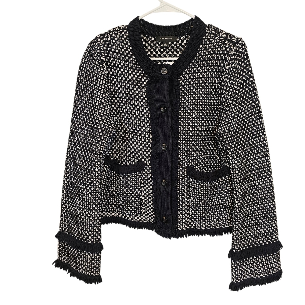 Ann Taylor Navy Tweed Knit Heavy Ruffle Button Down Blazor Sweater Jacket